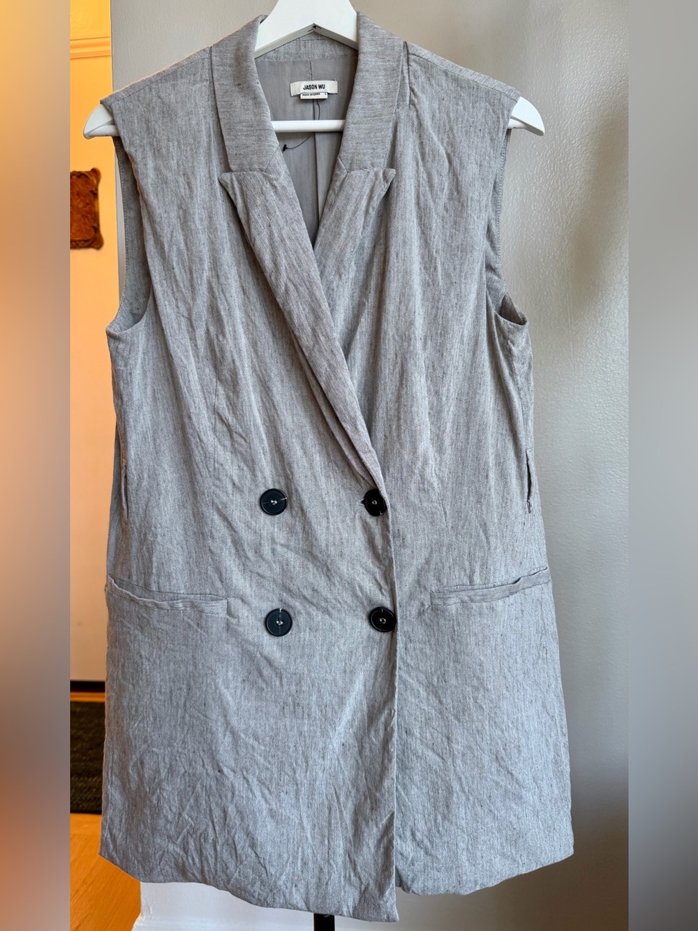 Jason Wu Light Gray Double-Breasted Sleeveless Linen-Blend Vest